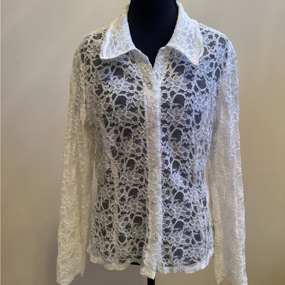 JS Boutique White Lace Button Down Blouse